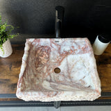 Rustic Squared Vessel Sink | Pink & White Natural Stone Bathroom Sink | Handmade Vanity Sink | Luxury