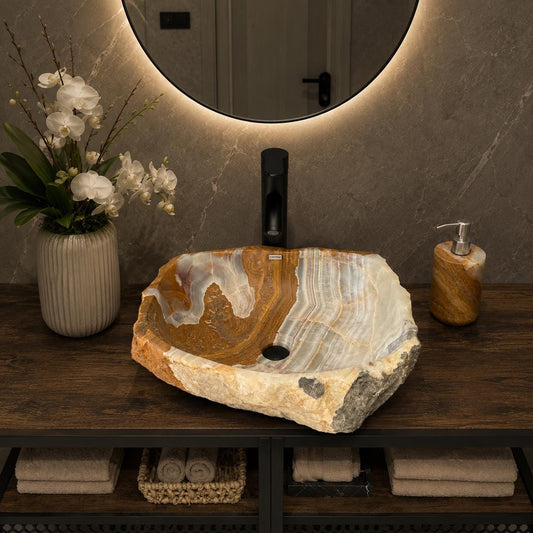 Rustic Green Onyx Bathroom Vessel Sink | Luxury Sink | Unique Hand Carved Onyx Vanity Sink – Natural Stone Bathroom Sink