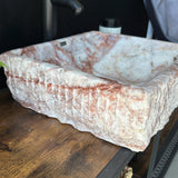 Rustic Squared Vessel Sink | Pink & White Natural Stone Bathroom Sink | Handmade Vanity Sink | Luxury