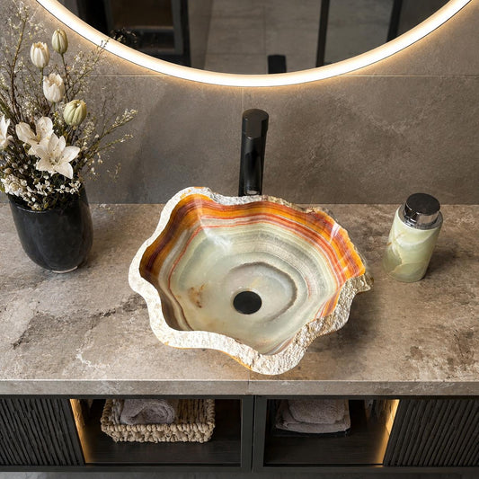 Lavabo Rústico de Ónix, Lavabo de Baño de Piedra Natural, Lavabo de Ónix Hecho a Mano, Lavabo de Lujo, Lavabo Irregular de Piedra (Pieza I)