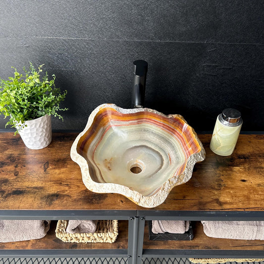 Lavabo Rústico de Ónix, Lavabo de Baño de Piedra Natural, Lavabo de Ónix Hecho a Mano, Lavabo de Lujo, Lavabo Irregular de Piedra (Pieza I)