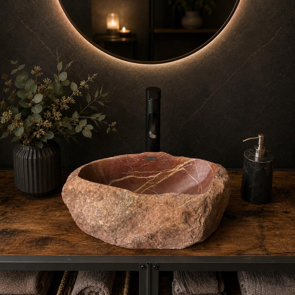 Red River Stone Vessel Sink | Handmade Natural Stone Basin | Raw Stone Over the Counter Sink | Rustic Modern Bathroom