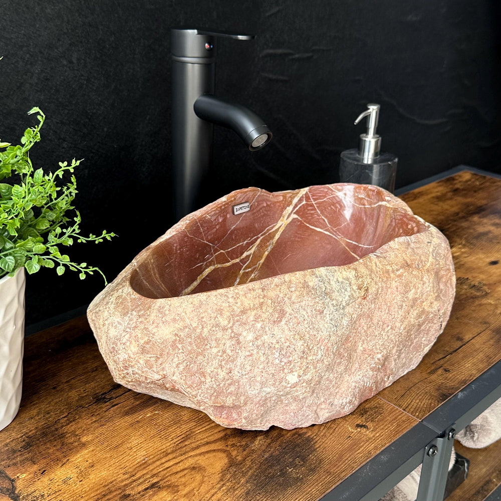 Red River Stone Vessel Sink | Handmade Natural Stone Basin | Raw Stone Over the Counter Sink | Rustic Modern Bathroom