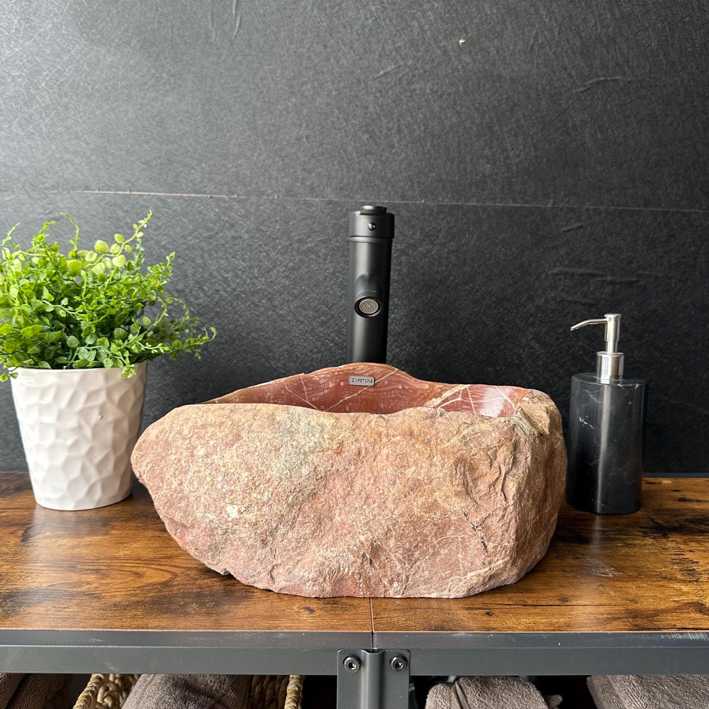Red River Stone Vessel Sink | Handmade Natural Stone Basin | Raw Stone Over the Counter Sink | Rustic Modern Bathroom