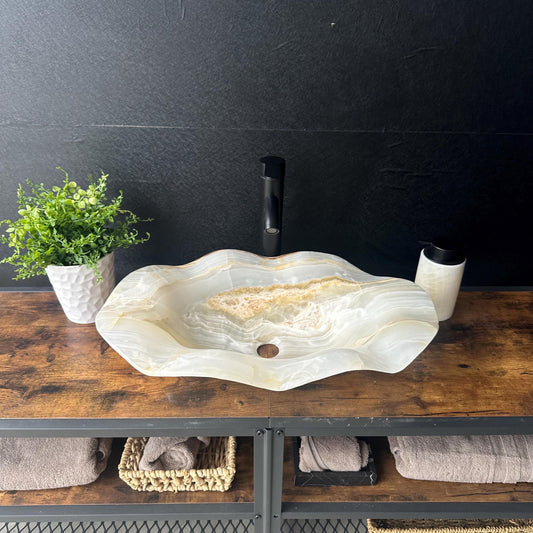 Lavabo de Ónix de Lujo, Lavabo de Piedra Natural Hecho a Mano, Lavabo Moderno para Baño, Lavabo Escultural, Borde Ondulado Translúcido (Pieza II)