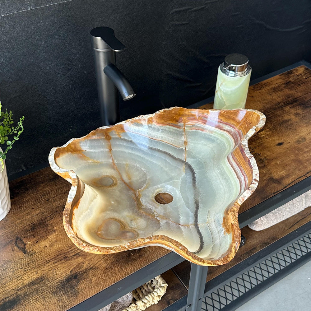 Green Onyx Bathroom Vessel Sink | Live Edge Luxury Sink | One-of-a-Kind Hand Carved Onyx Bowl Sink – Natural Stone Bathroom Basin