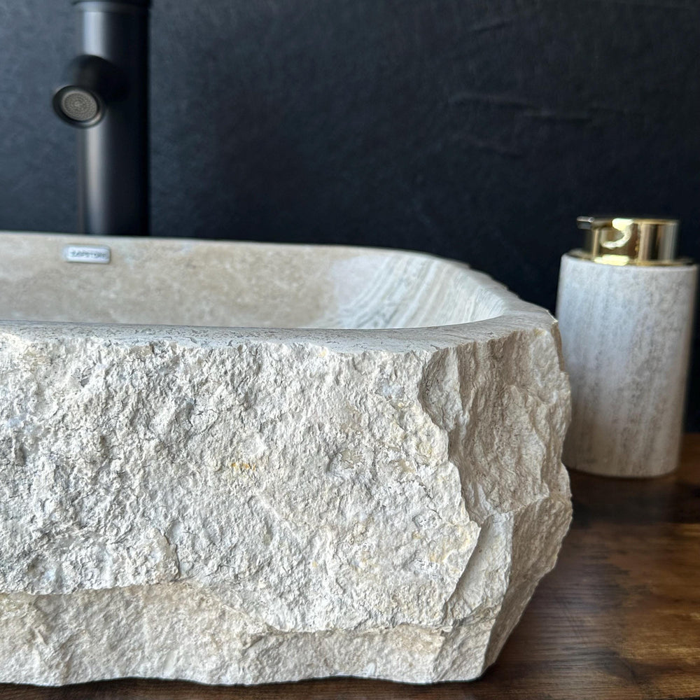 Rustic Travertine Stone Vessel Sink | Natural Rock Bathroom Sink | Handmade Modern Vanity Basin | One of a Kind Stone Sink | Wabi Sabi