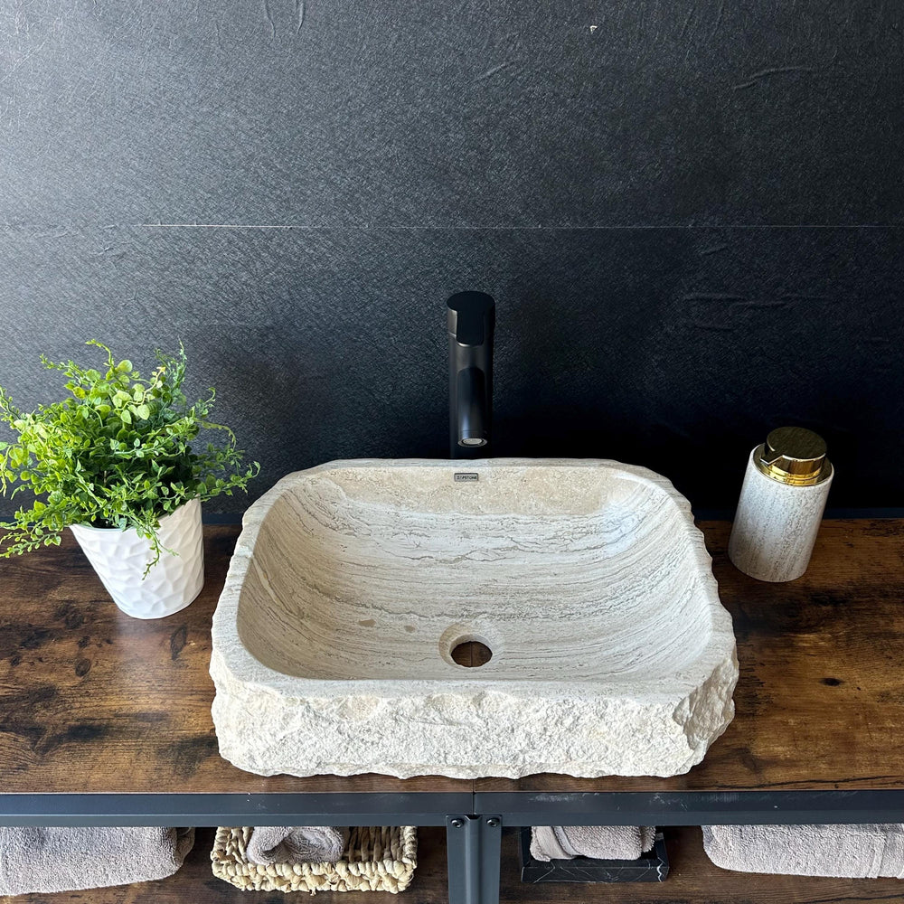 Rustic Travertine Stone Vessel Sink | Natural Rock Bathroom Sink | Handmade Modern Vanity Basin | One of a Kind Stone Sink | Wabi Sabi