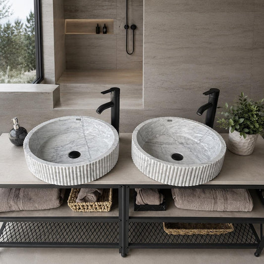 Lavabo de Mármol Blanco, Set de Dos para Baño Principal, Lavabo de Piedra Natural, Lavabo Doble Redondo de Lujo, Lavabo Artesanal
