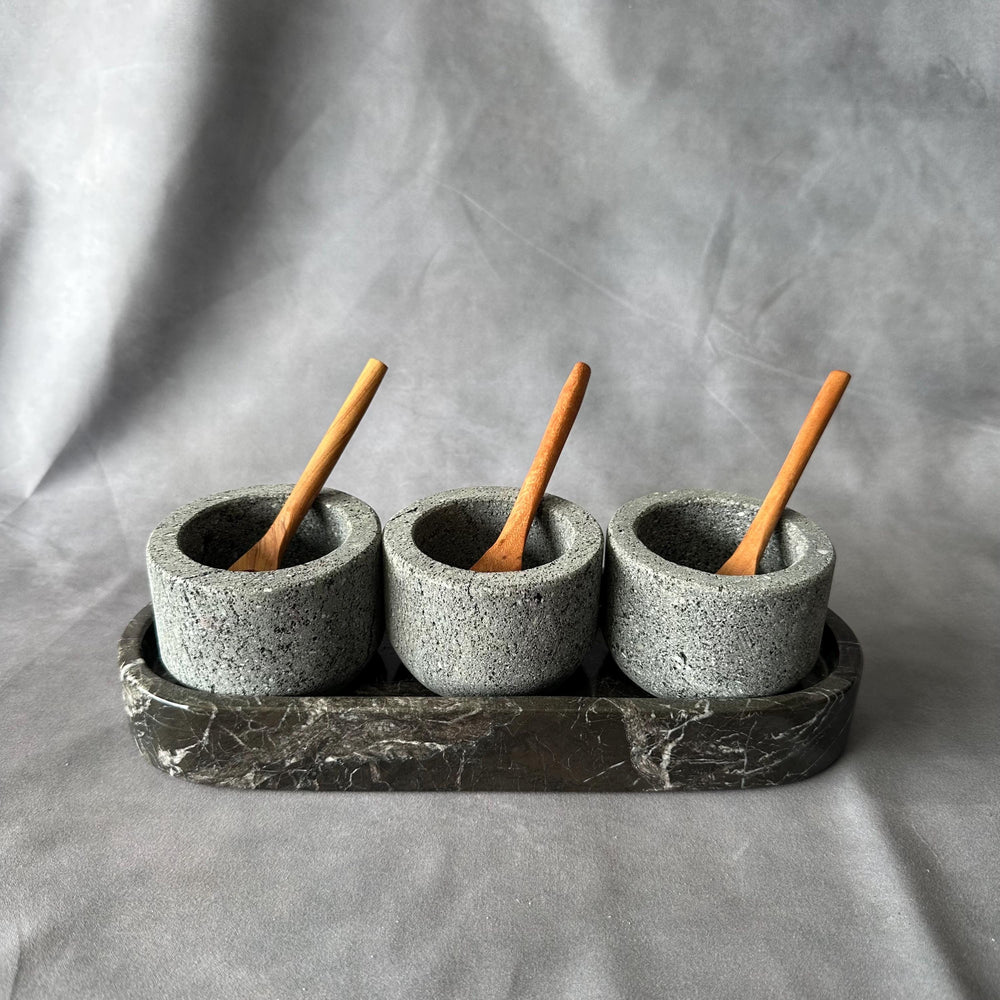 Set of 3 Volcanic Stone Salsa Set with Wooden Spoons and Marble Tray - Handmade Serving Set Natural Stone