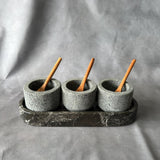 Set of 3 Volcanic Stone Salsa Set with Wooden Spoons and Marble Tray - Handmade Serving Set Natural Stone