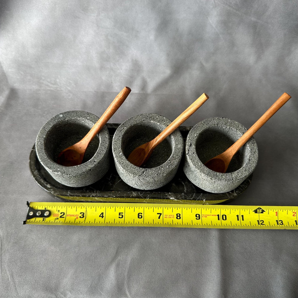 Set of 3 Volcanic Stone Salsa Set with Wooden Spoons and Marble Tray - Handmade Serving Set Natural Stone