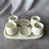 Tequila and Mezcal Shot Glass Set with Tray and Salt/Lemon Trays – Handmade Stone Mezcal Cups, Luxury Modern Barware, Organic Resort Decor