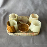 Tequila and Mezcal Shot Glass Set with Tray and Salt/Lemon Trays – Handmade Stone Mezcal Cups, Luxury Modern Barware, Organic Resort Decor