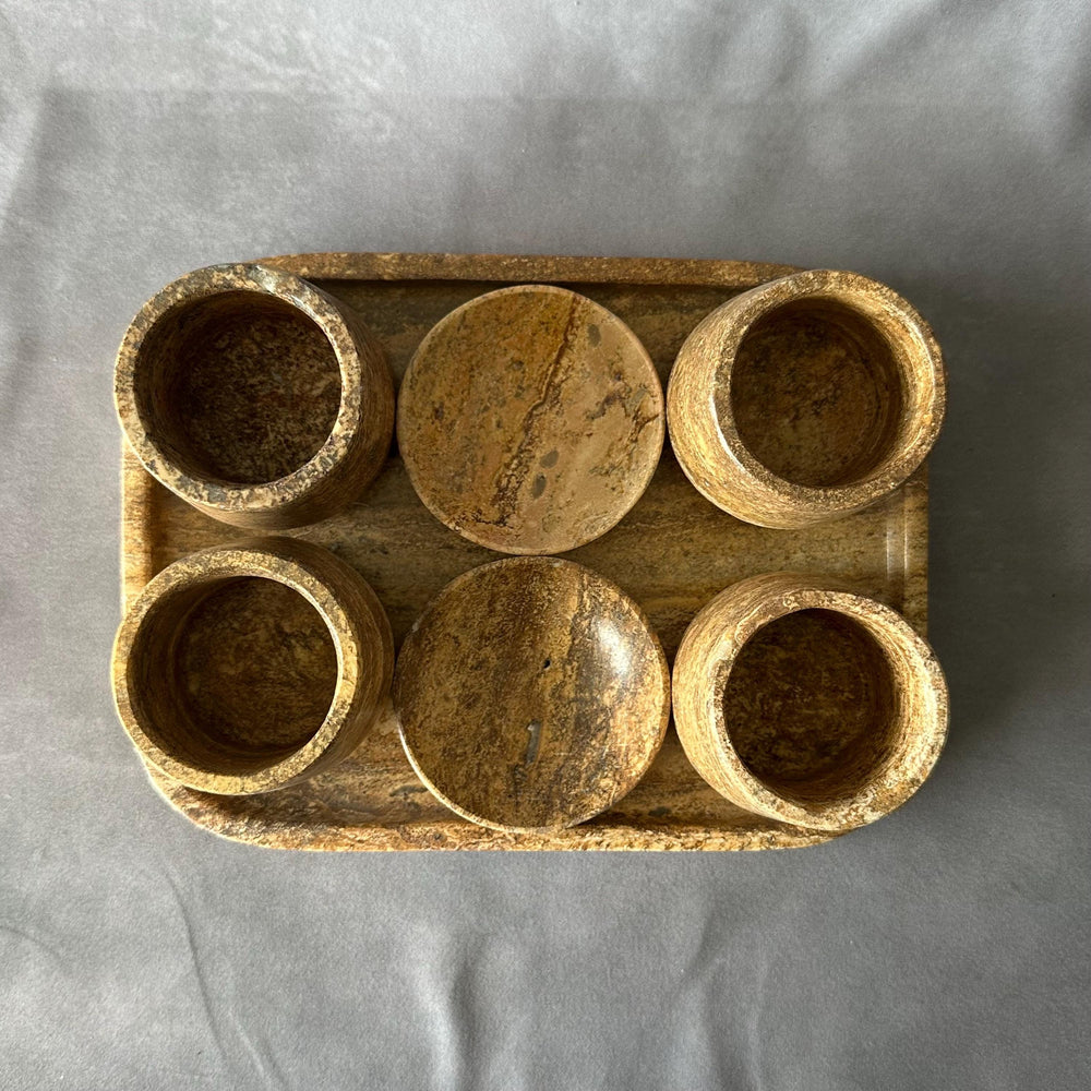 Tequila and Mezcal Shot Glass Set with Tray and Salt/Lemon Trays – Handmade Stone Mezcal Cups, Luxury Modern Barware, Organic Resort Decor