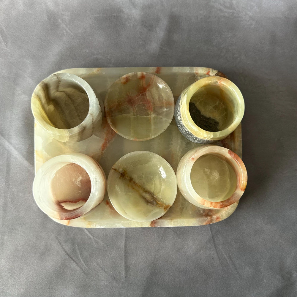 Tequila and Mezcal Shot Glass Set with Tray and Salt/Lemon Trays – Handmade Stone Mezcal Cups, Luxury Modern Barware, Organic Resort Decor