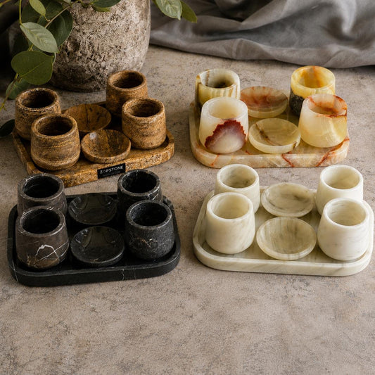 Tequila and Mezcal Shot Glass Set with Tray and Salt/Lemon Trays – Handmade Stone Mezcal Cups, Luxury Modern Barware, Organic Resort Decor