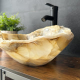 Beige Onyx Sink, Handmade Natural Stone Vessel Sink, Modern Bathroom Vanity Basin, Sculptural Sink, Luxury Translucent Live Wavy Edge Sink