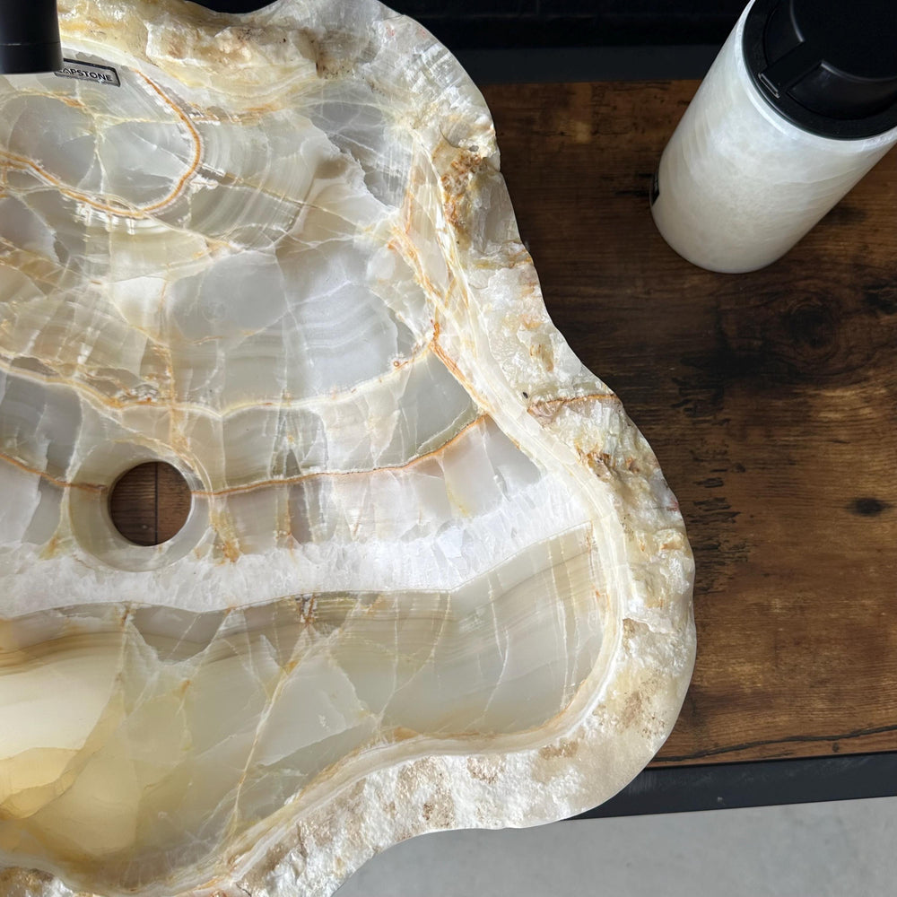 Beige Onyx Sink, Handmade Natural Stone Vessel Sink, Modern Bathroom Vanity Basin, Sculptural Sink, Luxury Translucent Live Wavy Edge Sink