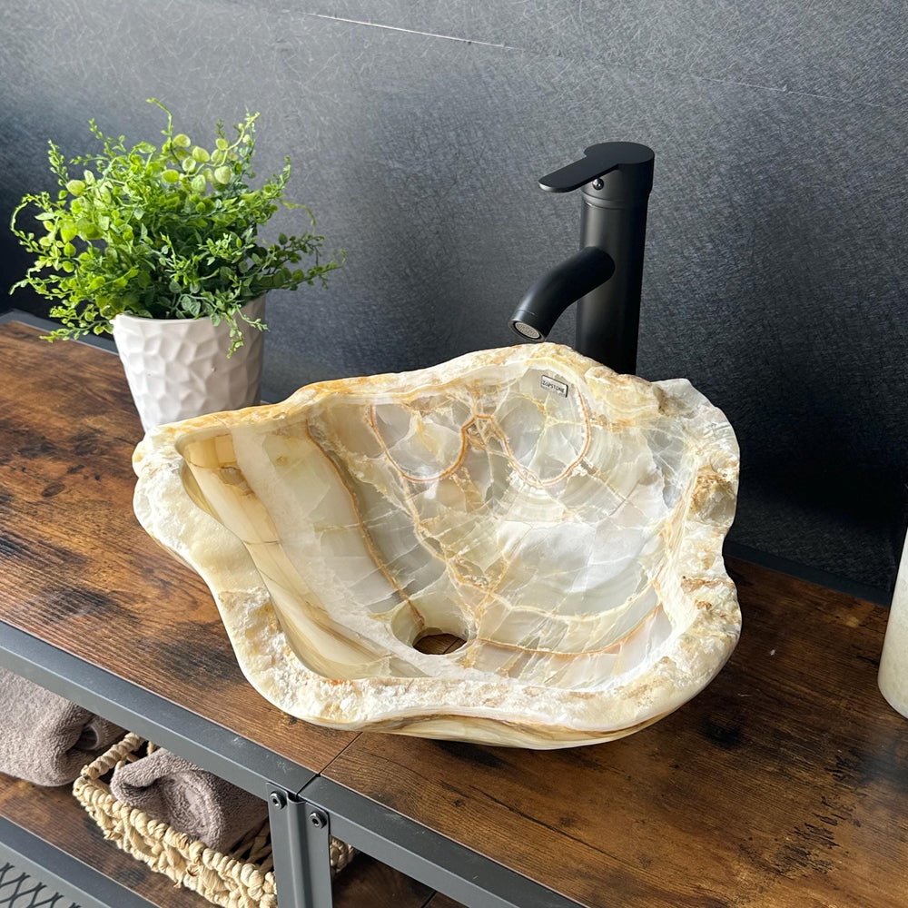 Beige Onyx Sink, Handmade Natural Stone Vessel Sink, Modern Bathroom Vanity Basin, Sculptural Sink, Luxury Translucent Live Wavy Edge Sink