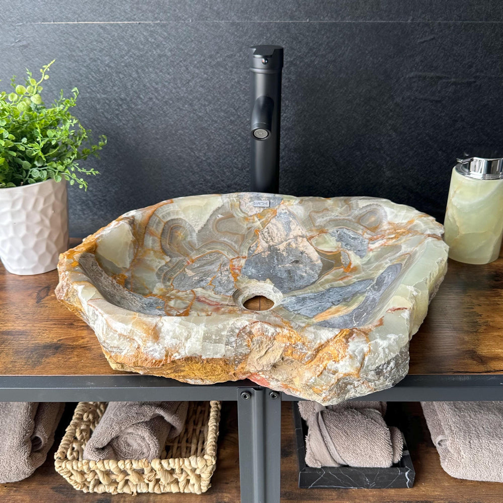Rustic Green Onyx Bathroom Vessel Sink | Luxury Sink | Unique Hand Carved Onyx Vanity Sink – Natural Stone