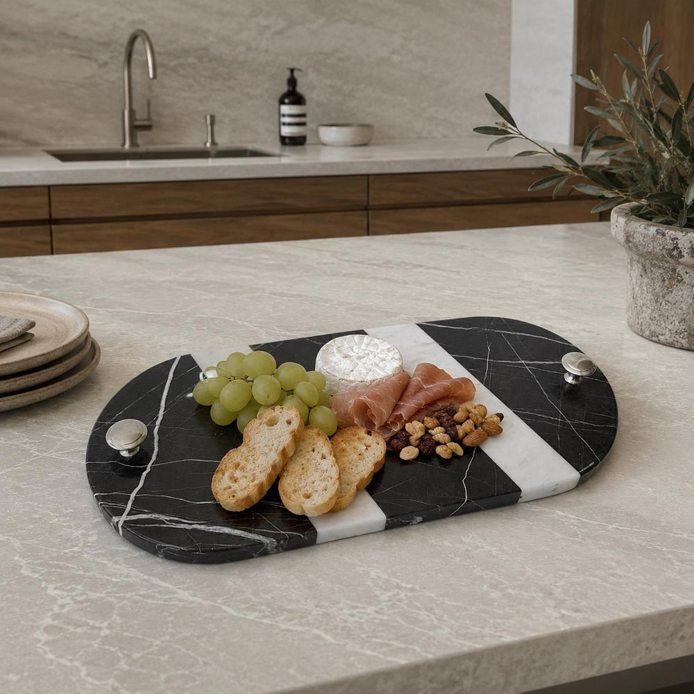 Striped Marble Serving Board with Handles – Modern Kitchen & Entertaining Tray | Charcuterie Board | Handcrafted Natural Stone Serving Tray