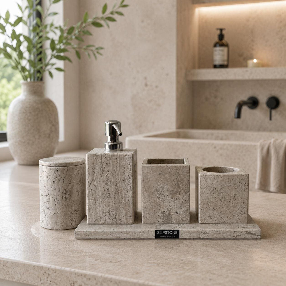 Travertine Bathroom Set-5 Piece Handmade Luxury Bath Accessories, Soap Dispenser, Tray, Toothbrush Holder, Cotton Swab Holder, Cotton Round
