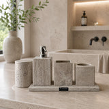 Travertine Bathroom Set-5 Piece Handmade Luxury Bath Accessories, Soap Dispenser, Tray, Toothbrush Holder, Cotton Swab Holder, Cotton Round