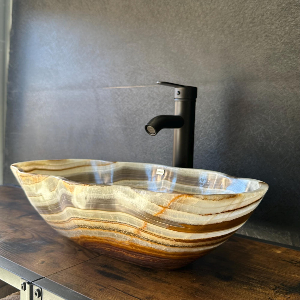 Banded Onyx Bathroom Vessel Sink | Luxury Sink | One-of-a-Kind Hand Carved Onyx Bowl Sink – Natural Stone Bathroom Basin