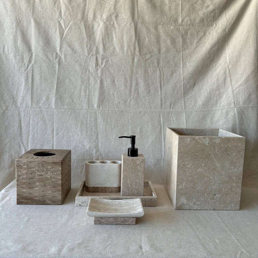 Beige Travertine Bathroom Set – 6 Piece Handmade Luxury Bath Accessories, Soap Dispenser, Tray, Toothbrush Holder, Tissue Box, Garbage Can