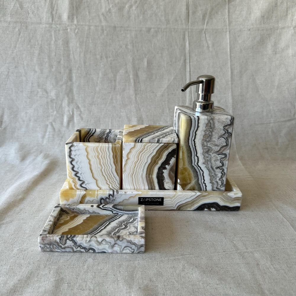 Zebra Onyx Set-5 Piece Handmade Luxury Bath Accessories, Soap Dispenser, Tray, Toothbrush Holder, Cotton Swab Holder, Cotton Round