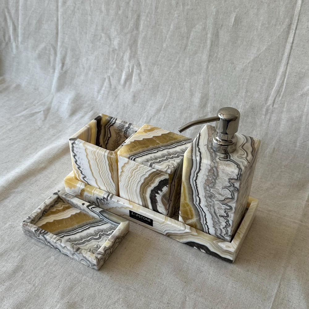 Zebra Onyx Set-5 Piece Handmade Luxury Bath Accessories, Soap Dispenser, Tray, Toothbrush Holder, Cotton Swab Holder, Cotton Round