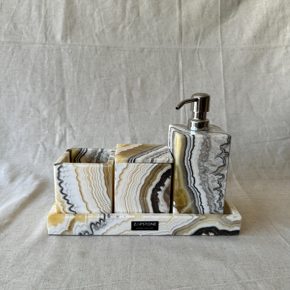 Zebra Onyx Set-5 Piece Handmade Luxury Bath Accessories, Soap Dispenser, Tray, Toothbrush Holder, Cotton Swab Holder, Cotton Round