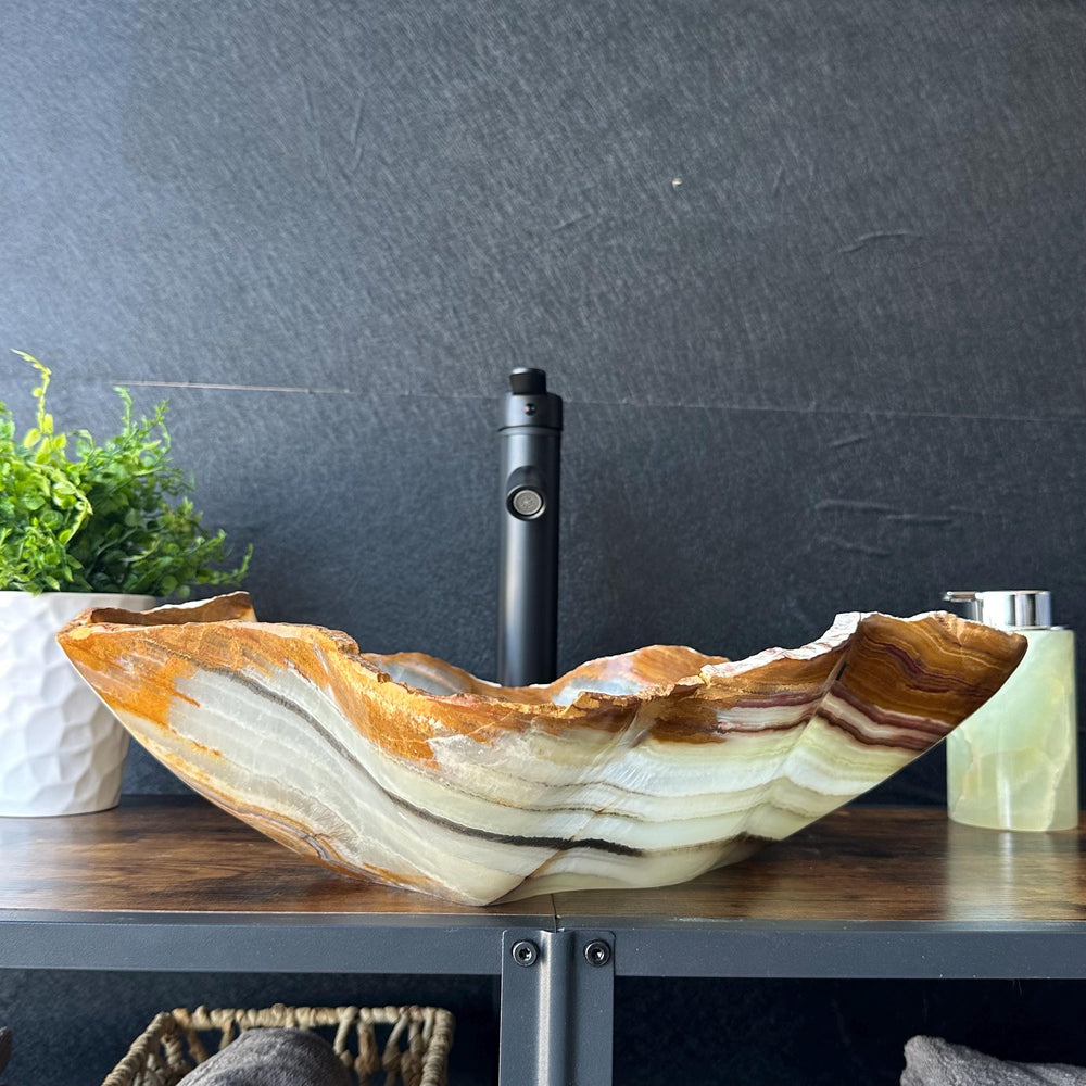 Green Onyx Bathroom Vessel Sink | Live Edge Luxury Sink | One-of-a-Kind Hand Carved Onyx Bowl Sink – Natural Stone Bathroom Basin