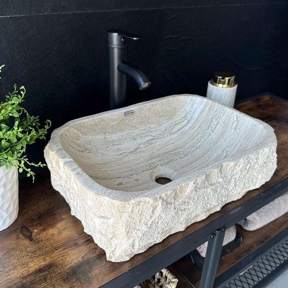 Rustic Travertine Stone Vessel Sink | Natural Rock Bathroom Sink | Handmade Modern Vanity Basin | One of a Kind Stone Sink | Wabi Sabi