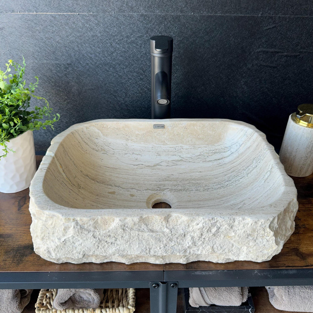 Rustic Travertine Stone Vessel Sink | Natural Rock Bathroom Sink | Handmade Modern Vanity Basin | One of a Kind Stone Sink | Wabi Sabi