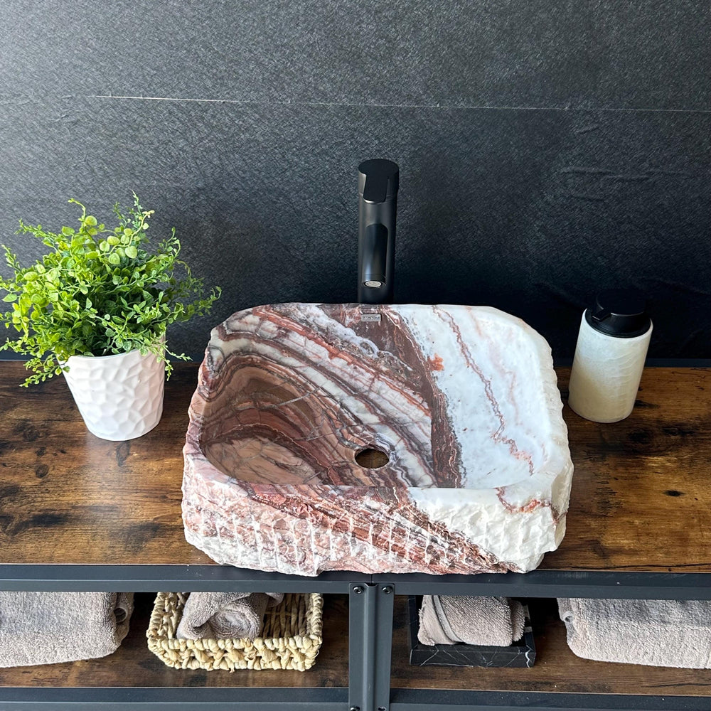 Rustic Squared Onyx Vessel Sink | Rare Natural Stone Bathroom Sink | Handmade Vanity Sink | Luxury