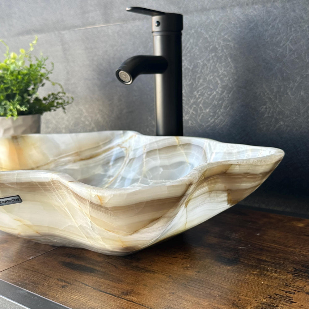 Beige Onyx Sink, Handmade Natural Stone Vessel Sink, Modern Bathroom Vanity Basin, Sculptural Marble Sink, Translucent Wavy Edge