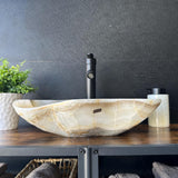 Beige Onyx Sink, Handmade Natural Stone Vessel Sink, Modern Bathroom Vanity Basin, Sculptural Marble Sink, Translucent Wavy Edge