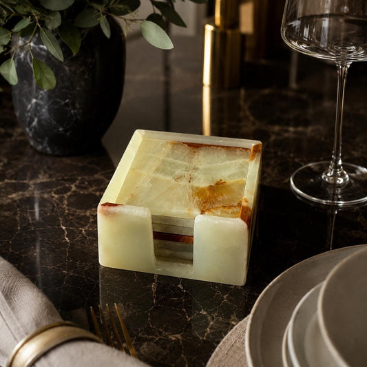 Green Onyx Coaster Set with Holder – 6 Square Luxury Natural Stone Drink Coasters