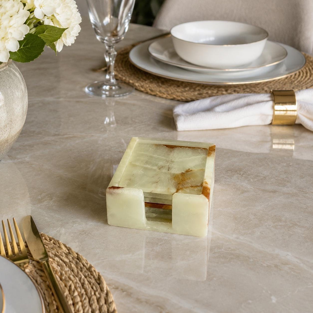 Green Onyx Coaster Set with Holder – 6 Square Luxury Natural Stone Drink Coasters