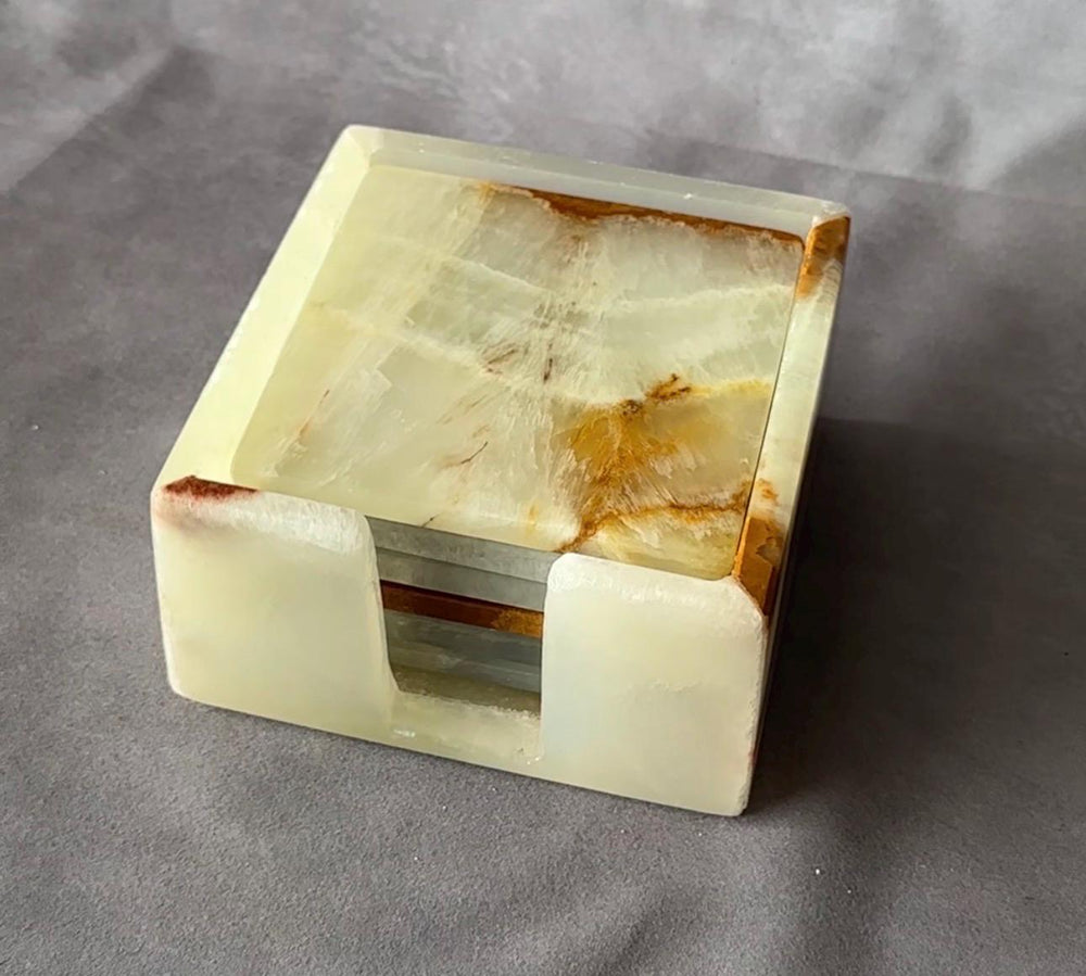 Green Onyx Coaster Set with Holder – 6 Square Luxury Natural Stone Drink Coasters