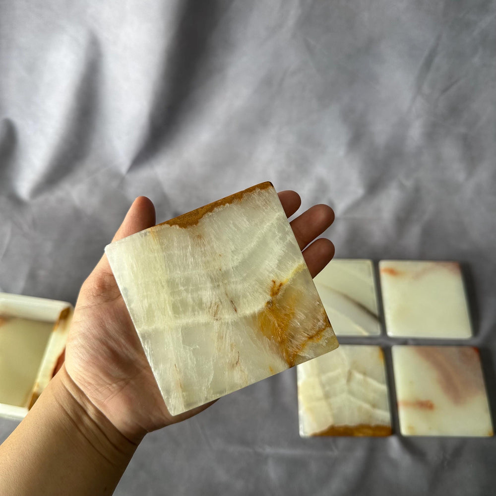 Green Onyx Coaster Set with Holder – 6 Square Luxury Natural Stone Drink Coasters
