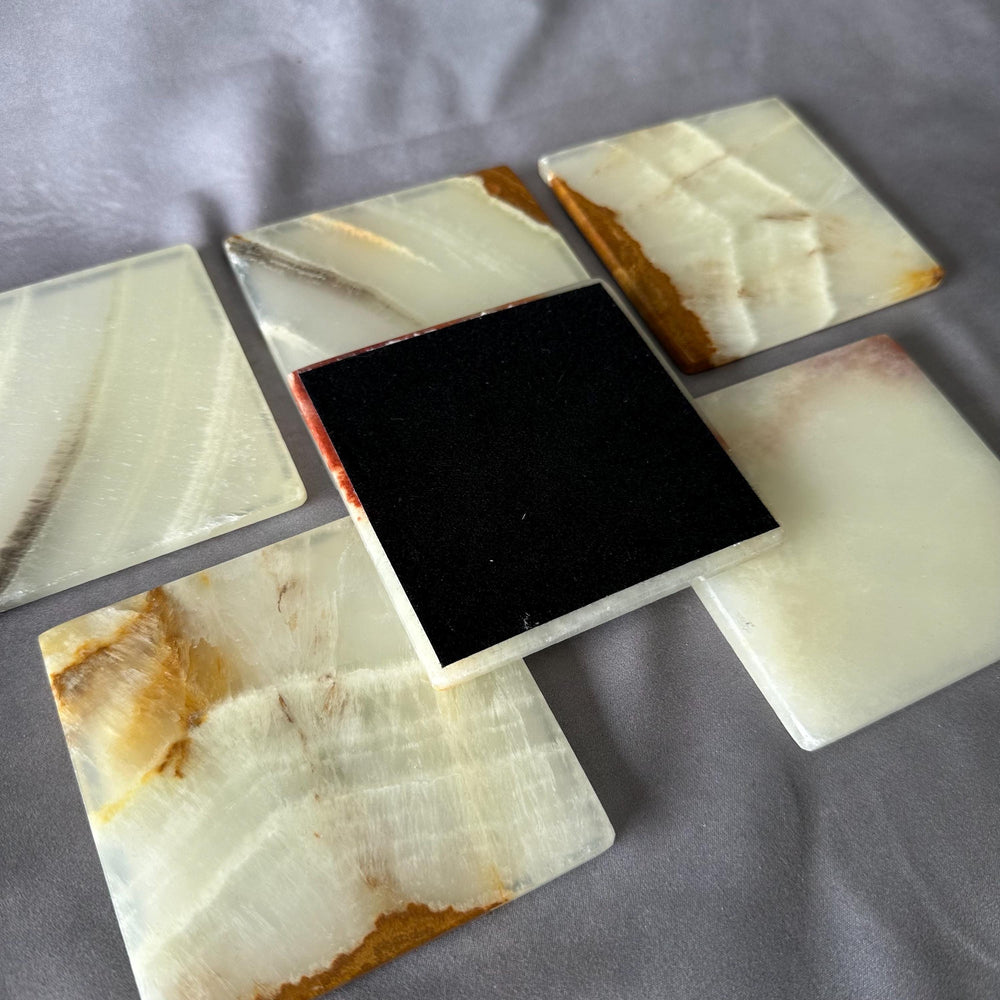 Green Onyx Coaster Set with Holder – 6 Square Luxury Natural Stone Drink Coasters