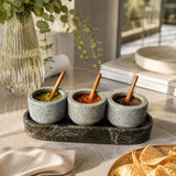 Set of 3 Volcanic Stone Salsa Set with Wooden Spoons and Marble Tray - Handmade Serving Set Natural Stone