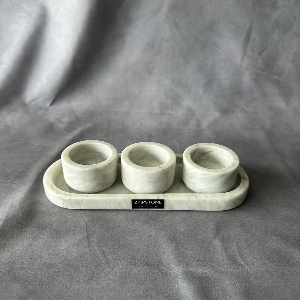 Set of 3 White Marble Natural Stone Salsa Set and Marble Tray - Handmade Serving Set Natural Stone