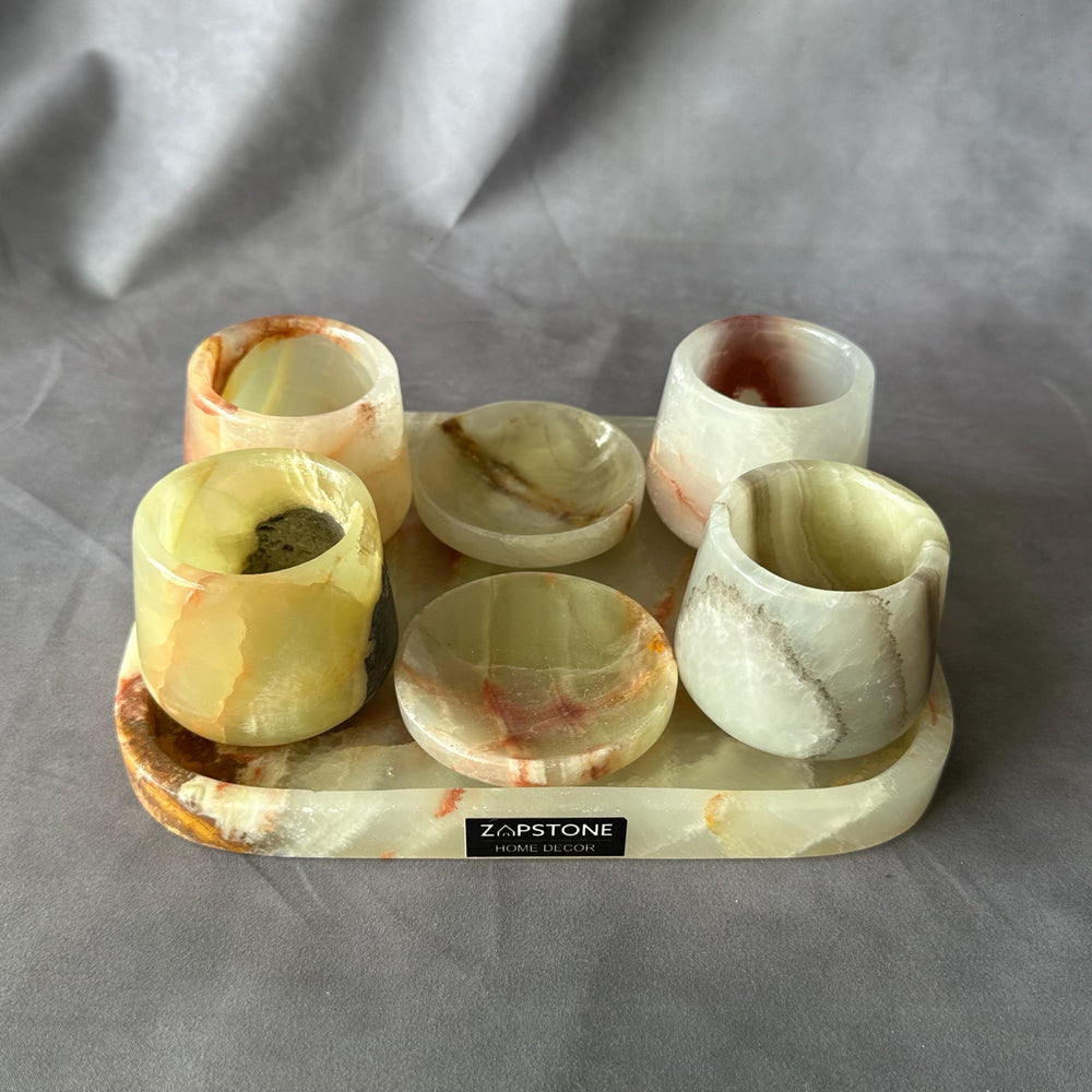 Tequila and Mezcal Shot Glass Set with Tray and Salt/Lemon Trays – Handmade Stone Mezcal Cups, Luxury Modern Barware, Organic Resort Decor