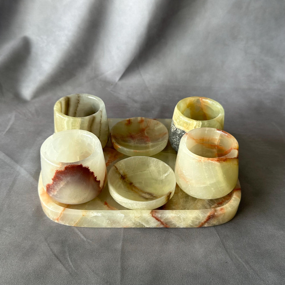 Tequila and Mezcal Shot Glass Set with Tray and Salt/Lemon Trays – Handmade Stone Mezcal Cups, Luxury Modern Barware, Organic Resort Decor