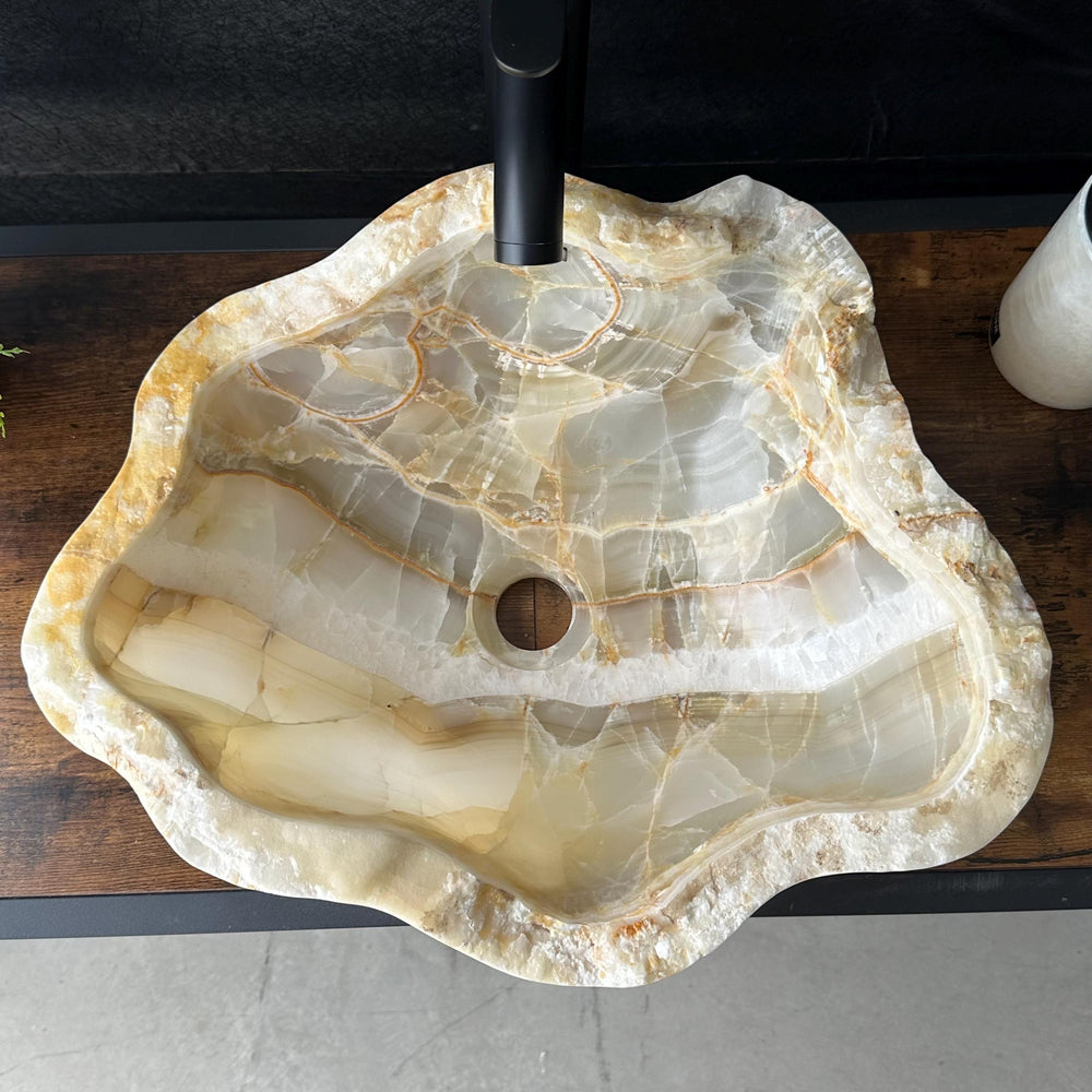 Beige Onyx Sink, Handmade Natural Stone Vessel Sink, Modern Bathroom Vanity Basin, Sculptural Sink, Luxury Translucent Live Wavy Edge Sink