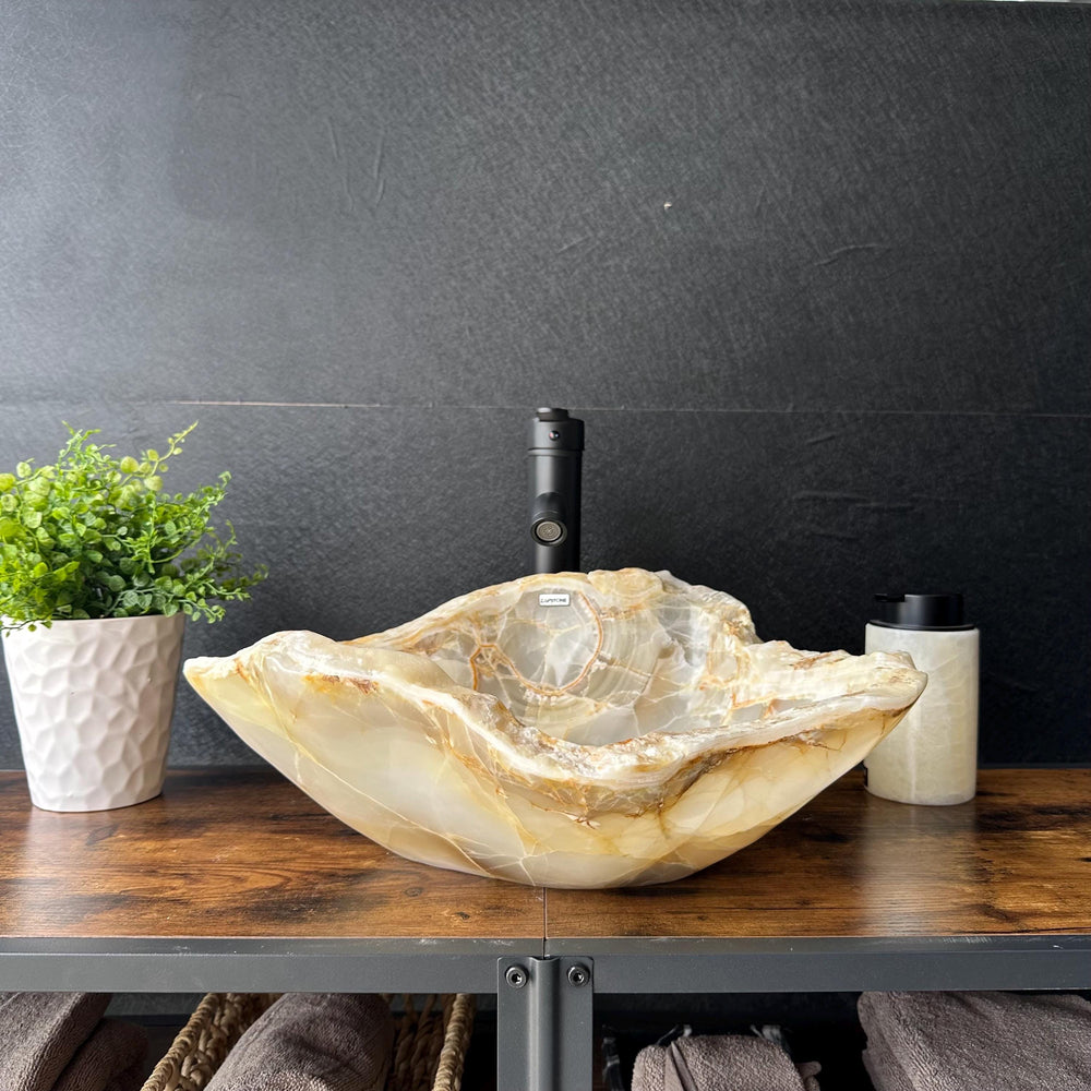 Beige Onyx Sink, Handmade Natural Stone Vessel Sink, Modern Bathroom Vanity Basin, Sculptural Sink, Luxury Translucent Live Wavy Edge Sink